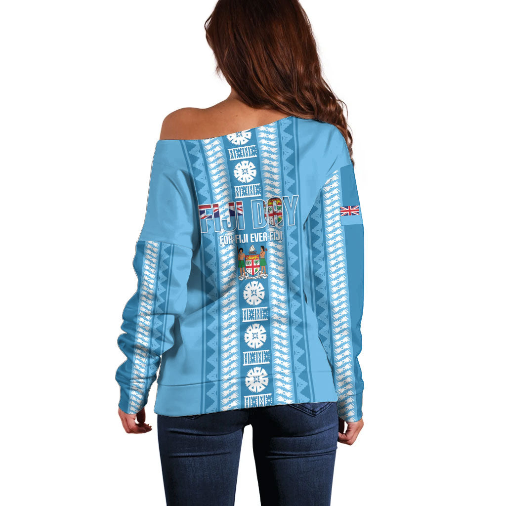 Fiji Day 1970 Off Shoulder Sweater For Fiji Ever Fiji Tapa Pattern Blue LT14 - Polynesian Pride