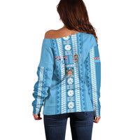 Fiji Day 1970 Off Shoulder Sweater For Fiji Ever Fiji Tapa Pattern Blue LT14 - Polynesian Pride