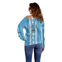 Fiji Day 1970 Off Shoulder Sweater For Fiji Ever Fiji Tapa Pattern Blue LT14 - Polynesian Pride