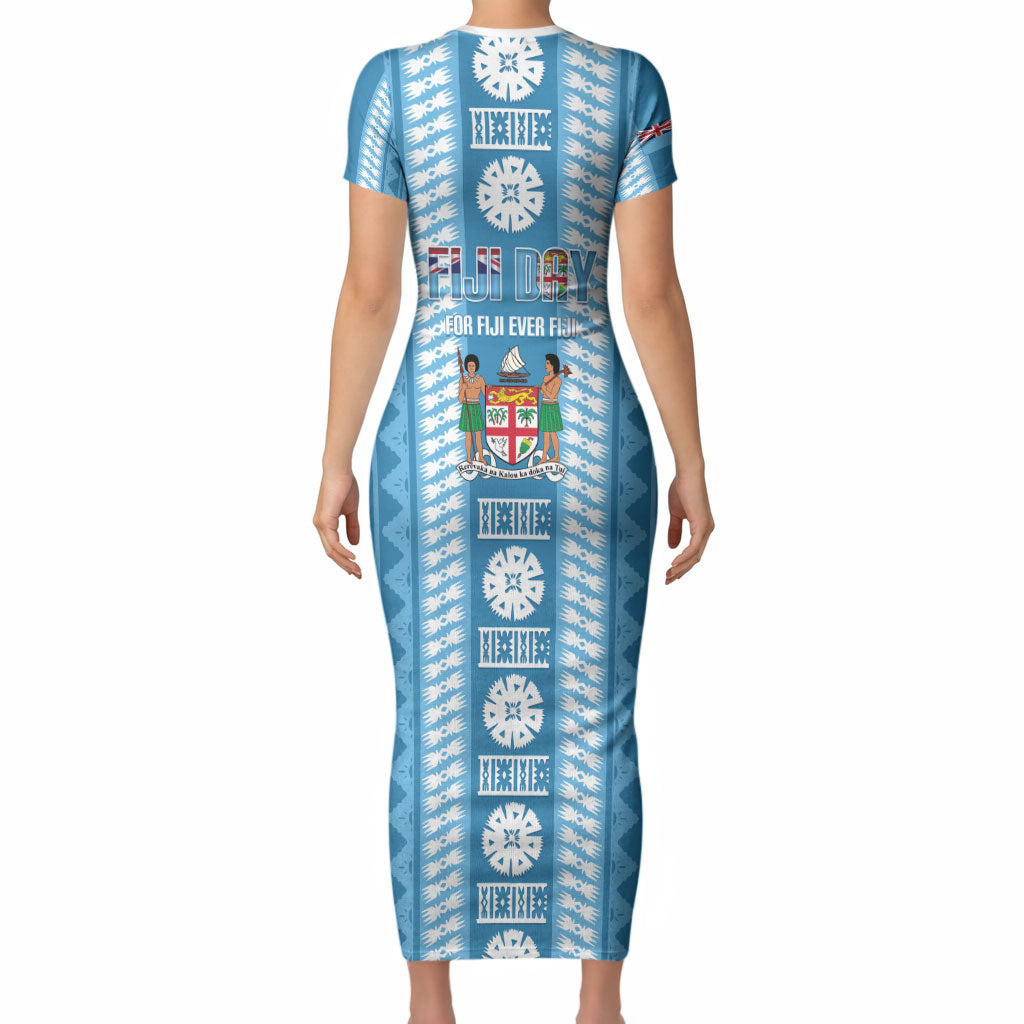 Fiji Day 1970 Short Sleeve Bodycon Dress For Fiji Ever Fiji Tapa Pattern Blue LT14 - Polynesian Pride