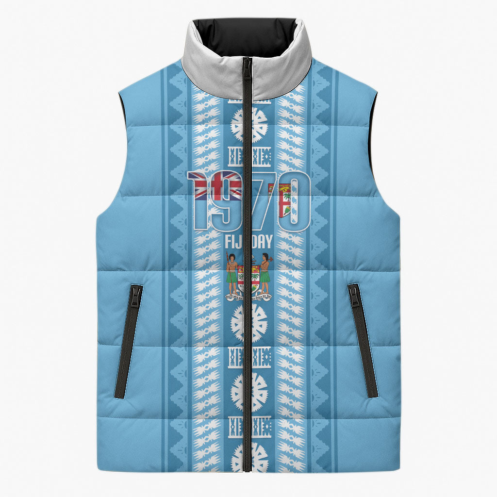 Fiji Day 1970 Sleeveless Puffer Jacket For Fiji Ever Fiji Tapa Pattern Blue LT14 Unisex Blue - Polynesian Pride