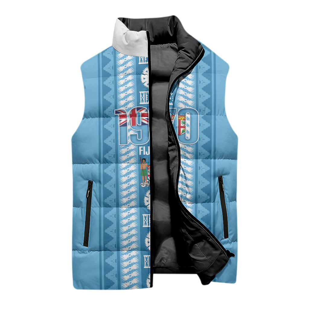 Fiji Day 1970 Sleeveless Puffer Jacket For Fiji Ever Fiji Tapa Pattern Blue LT14 - Polynesian Pride