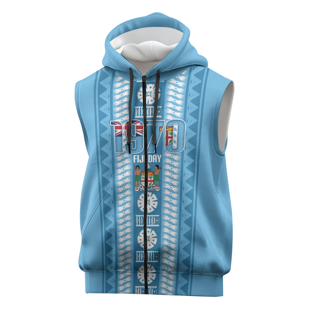 Fiji Day 1970 Sleeveless Zip Hoodie For Fiji Ever Fiji Tapa Pattern Blue LT14 Blue - Polynesian Pride