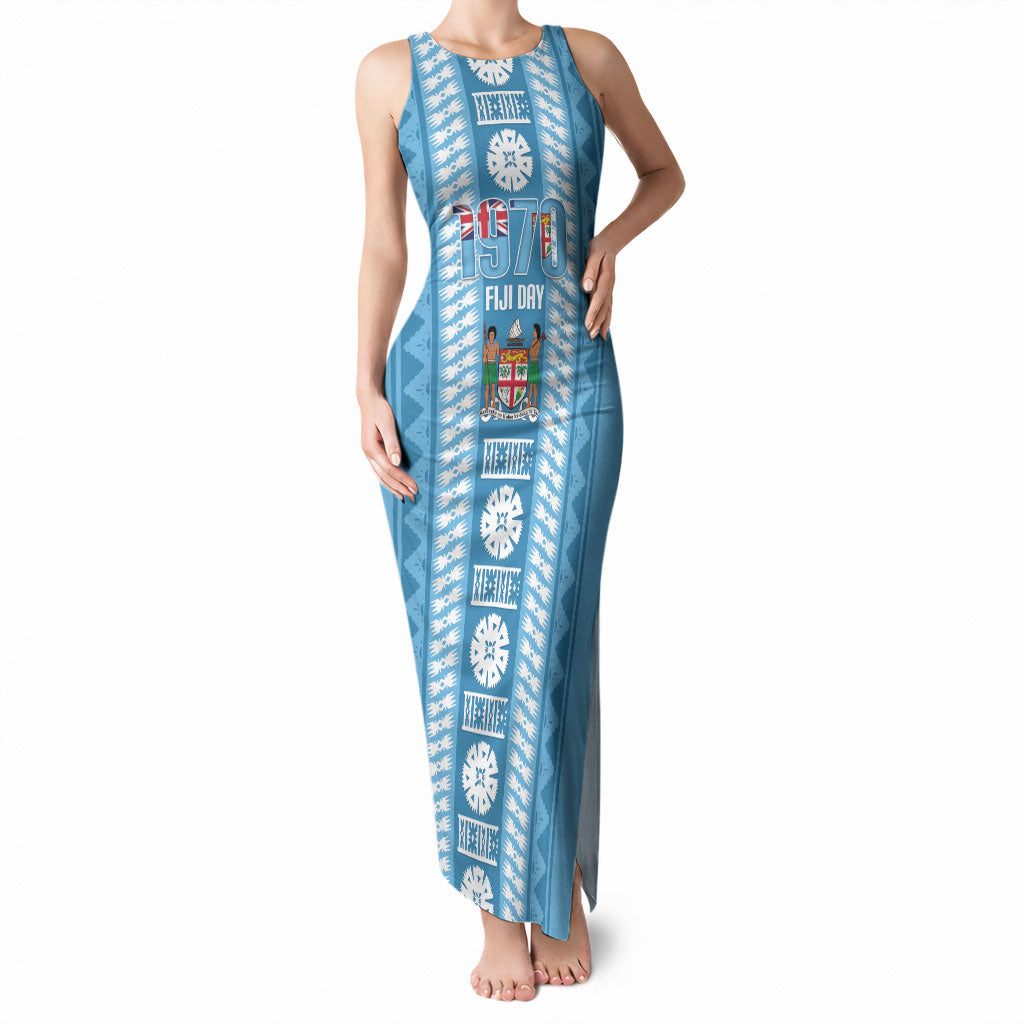 Fiji Day 1970 Tank Maxi Dress For Fiji Ever Fiji Tapa Pattern Blue LT14 Women Blue - Polynesian Pride