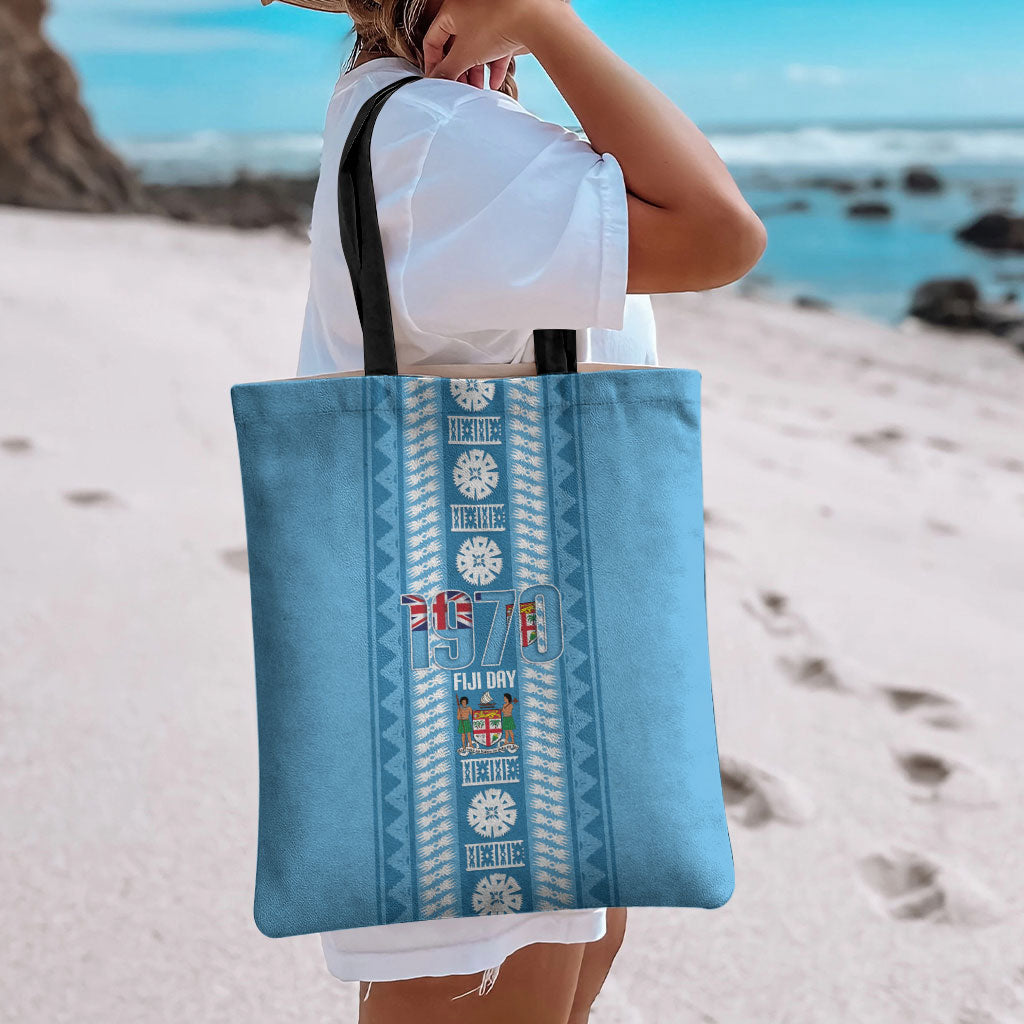 Fiji Day 1970 Tote Bag For Fiji Ever Fiji Tapa Pattern Blue LT14 - Polynesian Pride