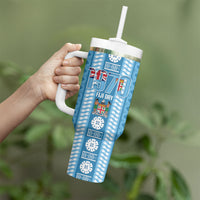 Fiji Day 1970 Tumbler With Handle For Fiji Ever Fiji Tapa Pattern Blue LT14 - Polynesian Pride