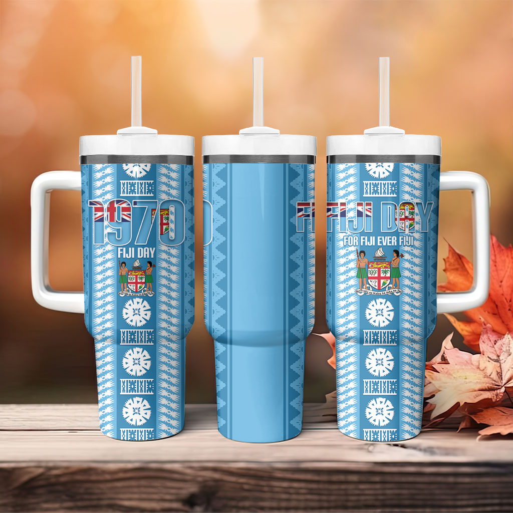 Fiji Day 1970 Tumbler With Handle For Fiji Ever Fiji Tapa Pattern Blue LT14 - Polynesian Pride