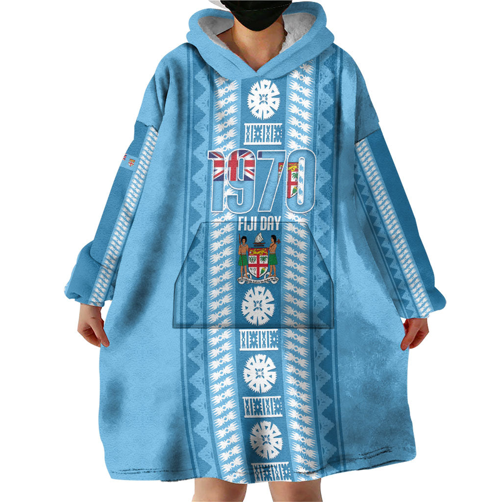 Fiji Day 1970 Wearable Blanket Hoodie For Fiji Ever Fiji Tapa Pattern Blue LT14 - Polynesian Pride
