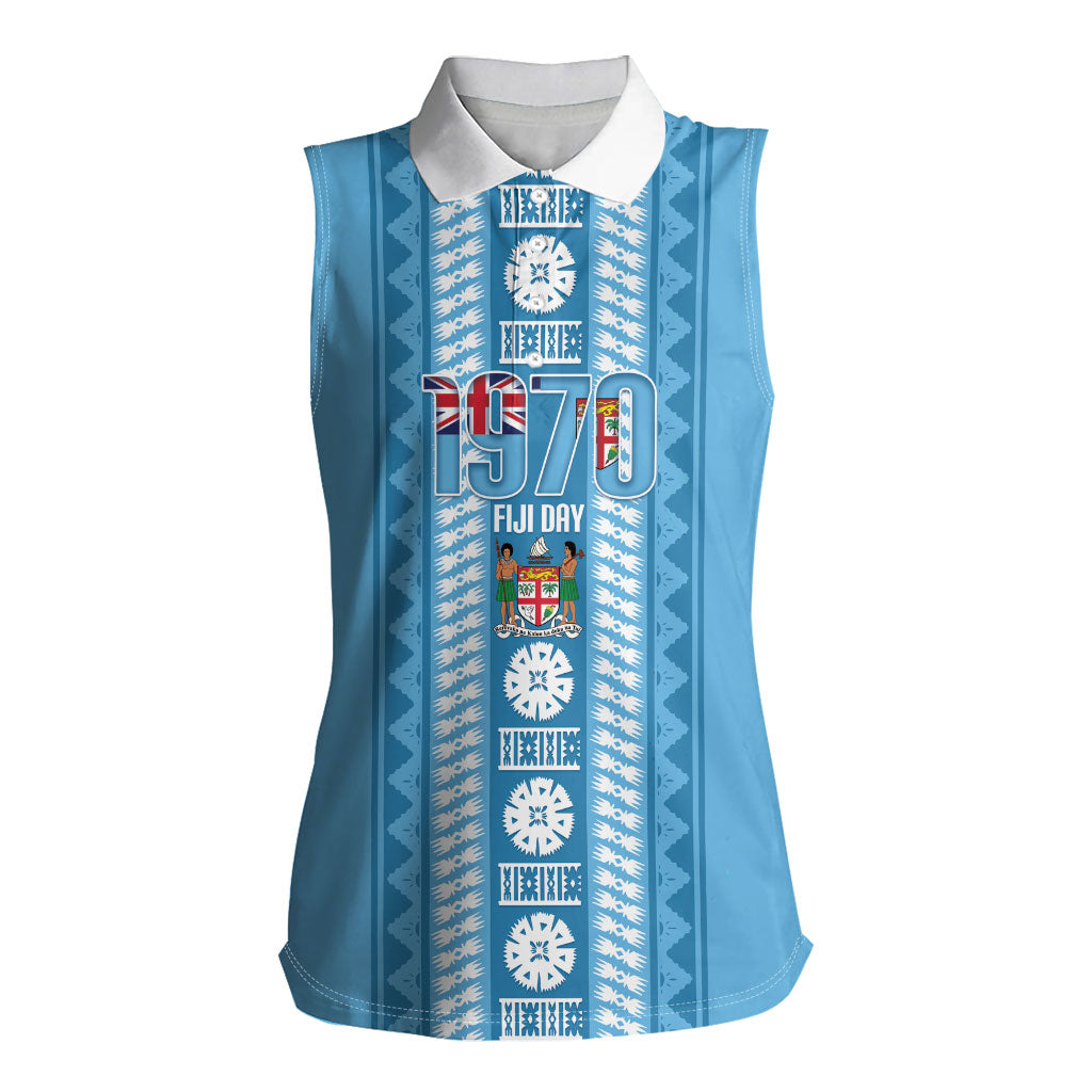 Fiji Day 1970 Women Sleeveless Polo Shirt For Fiji Ever Fiji Tapa Pattern Blue LT14 Female Blue - Polynesian Pride