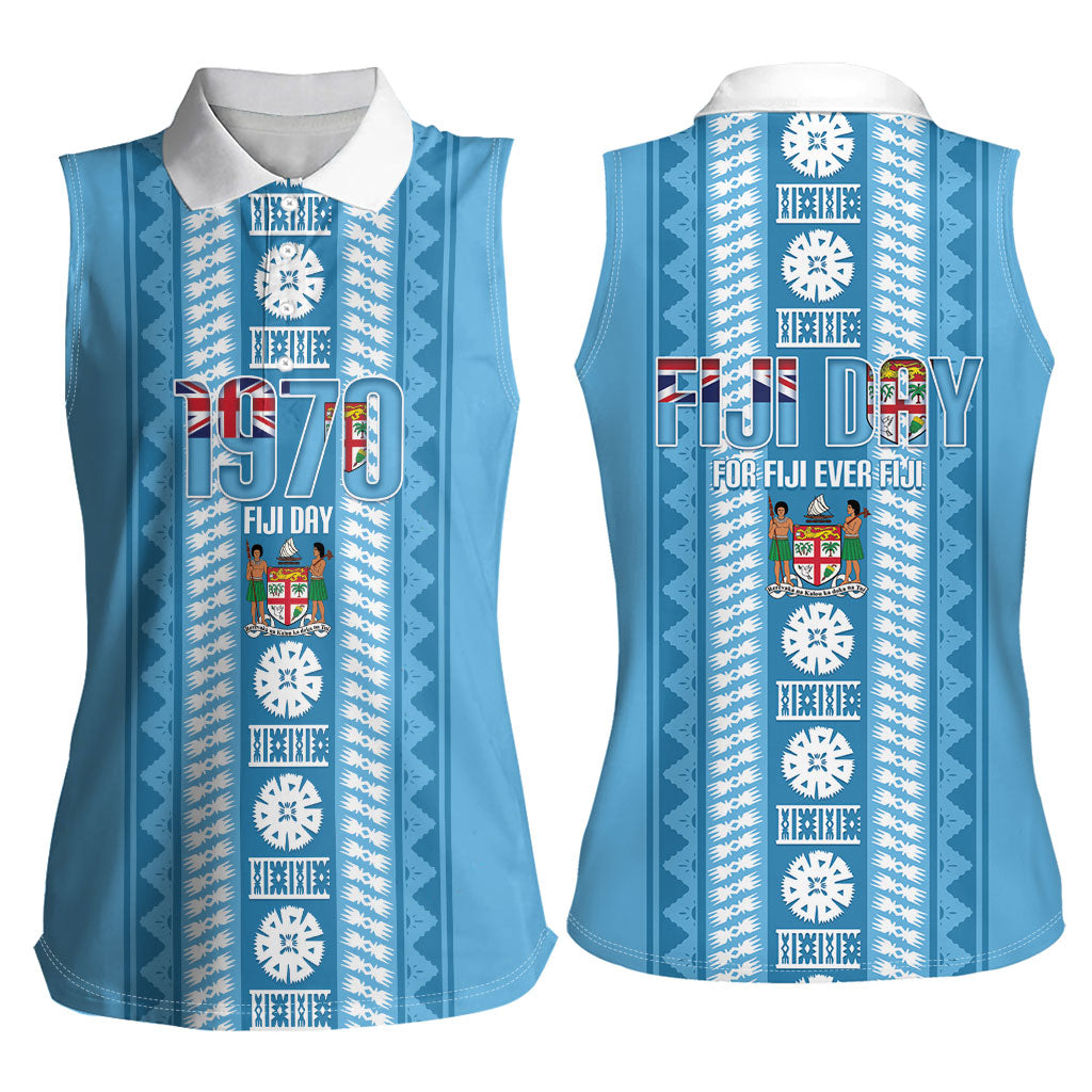 Fiji Day 1970 Women Sleeveless Polo Shirt For Fiji Ever Fiji Tapa Pattern Blue LT14 - Polynesian Pride