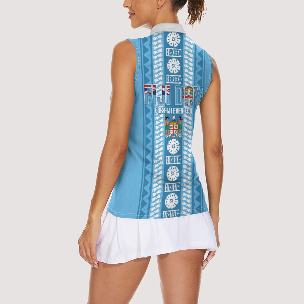 Fiji Day 1970 Women Sleeveless Polo Shirt For Fiji Ever Fiji Tapa Pattern Blue LT14 - Polynesian Pride