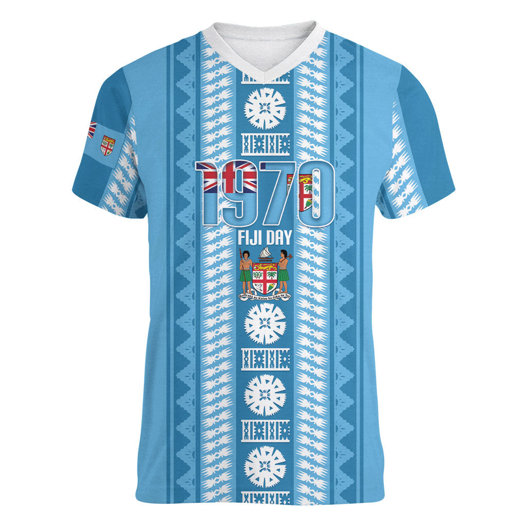 Fiji Day 1970 Women V-Neck T-Shirt For Fiji Ever Fiji Tapa Pattern Blue LT14 Female Blue - Polynesian Pride