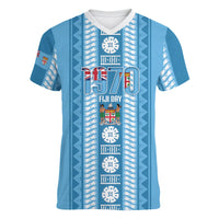 Fiji Day 1970 Women V-Neck T-Shirt For Fiji Ever Fiji Tapa Pattern Blue LT14 Female Blue - Polynesian Pride