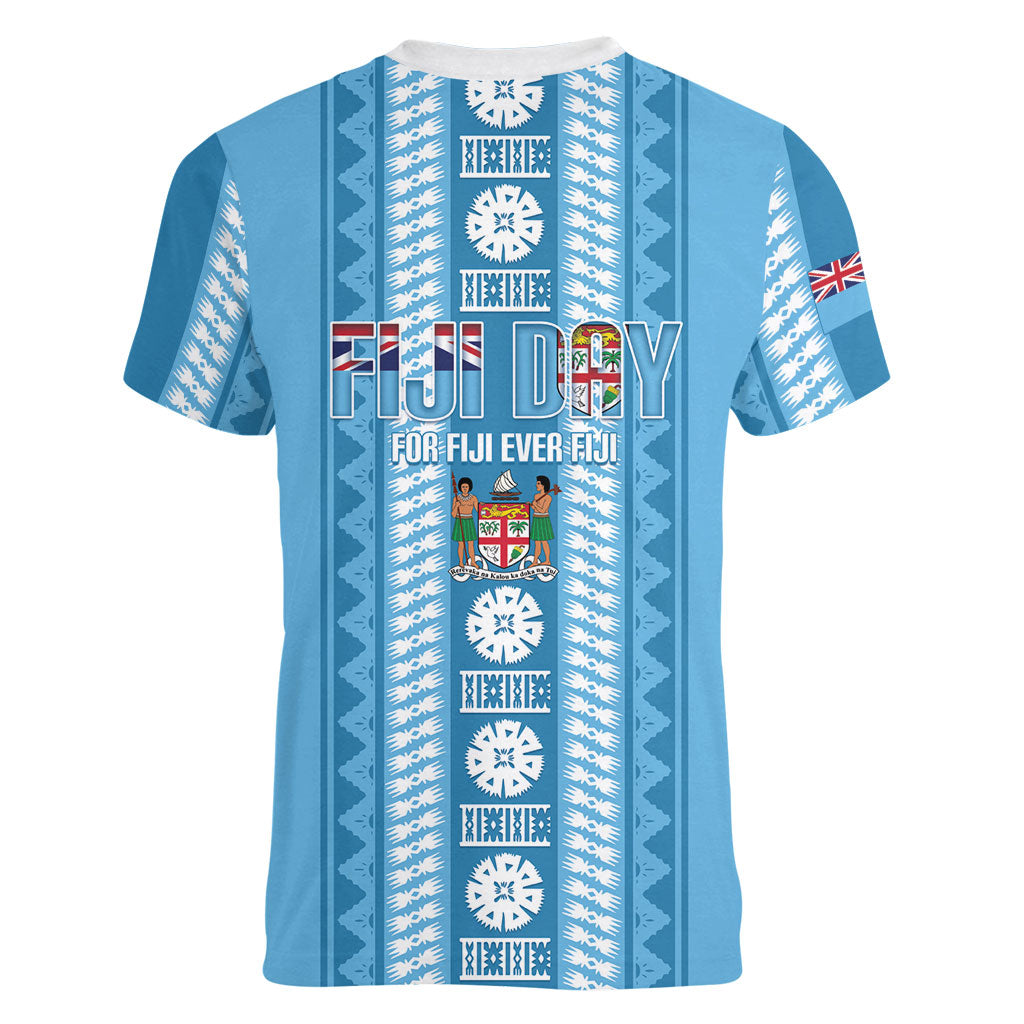 Fiji Day 1970 Women V-Neck T-Shirt For Fiji Ever Fiji Tapa Pattern Blue LT14 - Polynesian Pride