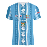 Fiji Day 1970 Women V-Neck T-Shirt For Fiji Ever Fiji Tapa Pattern Blue LT14 - Polynesian Pride