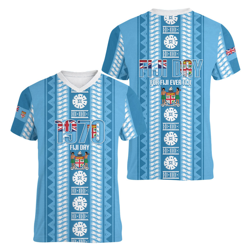 Fiji Day 1970 Women V-Neck T-Shirt For Fiji Ever Fiji Tapa Pattern Blue LT14 - Polynesian Pride