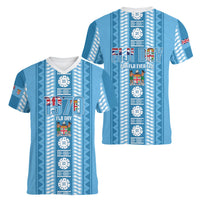 Fiji Day 1970 Women V-Neck T-Shirt For Fiji Ever Fiji Tapa Pattern Blue LT14 - Polynesian Pride