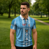 Fiji Day 1970 Zipper Polo Shirt For Fiji Ever Fiji Tapa Pattern Blue LT14 - Polynesian Pride