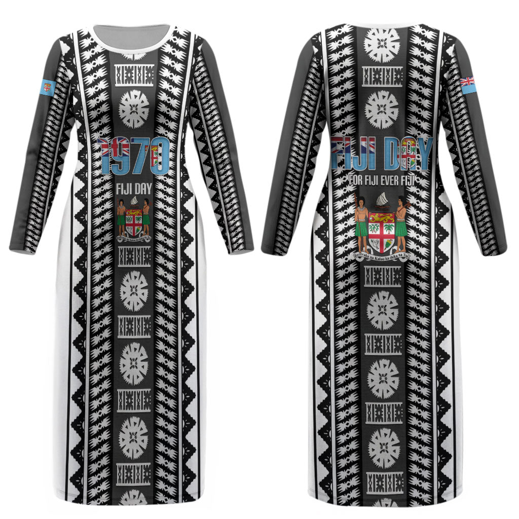 Fiji Day 1970 Couples Matching Long Sleeve Bodycon Dress and Hawaiian Shirt For Fiji Ever Fiji Tapa Pattern White LT14 - Polynesian Pride