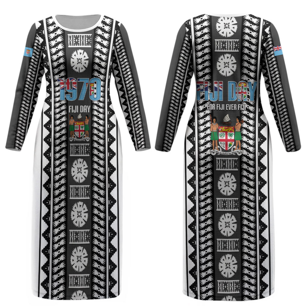 Fiji Day 1970 Couples Matching Long Sleeve Bodycon Dress and Long Sleeve Button Shirt For Fiji Ever Fiji Tapa Pattern White LT14 - Polynesian Pride