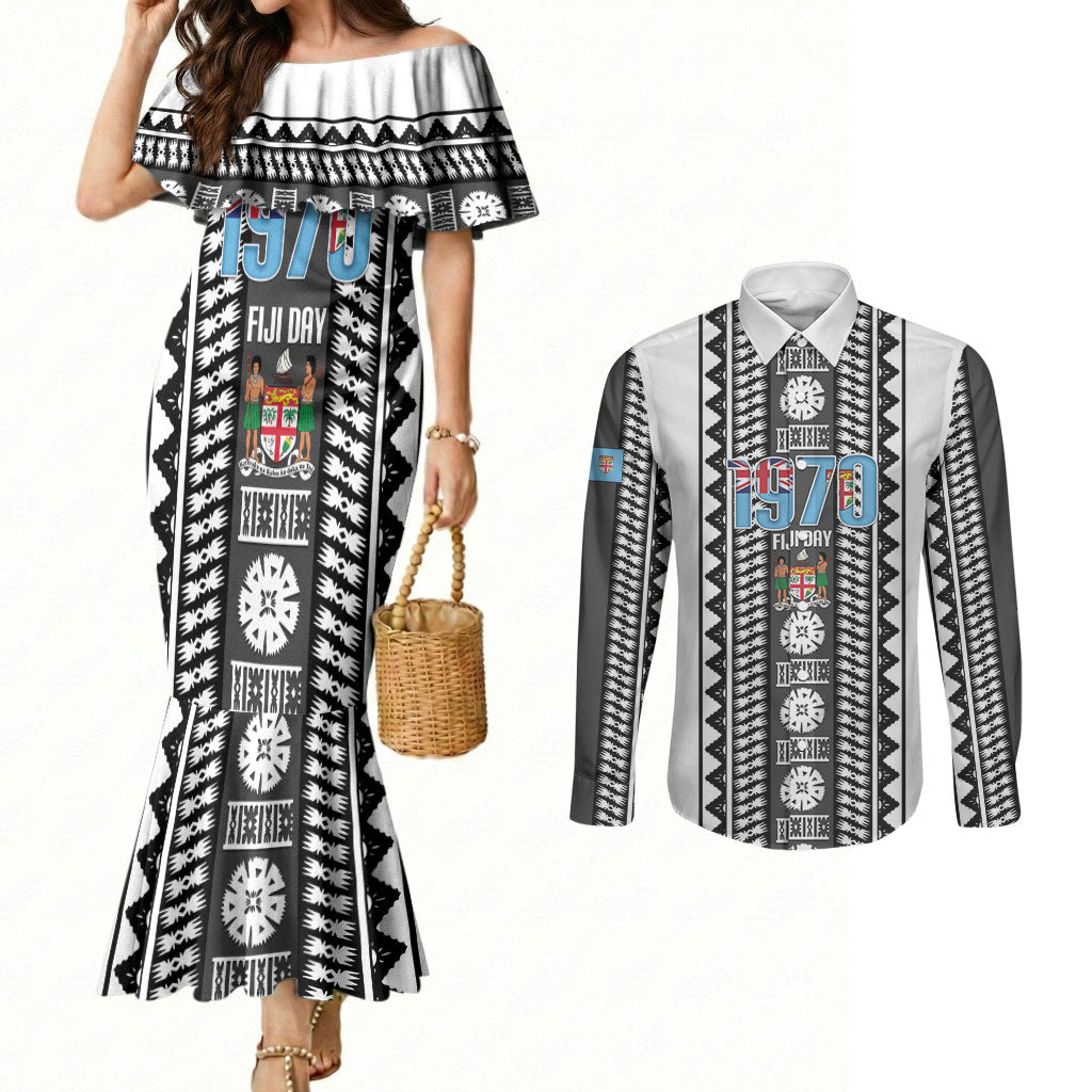 Fiji Day 1970 Couples Matching Mermaid Dress and Long Sleeve Button Shirt For Fiji Ever Fiji Tapa Pattern White LT14 White - Polynesian Pride