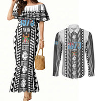 Fiji Day 1970 Couples Matching Mermaid Dress and Long Sleeve Button Shirt For Fiji Ever Fiji Tapa Pattern White LT14 White - Polynesian Pride