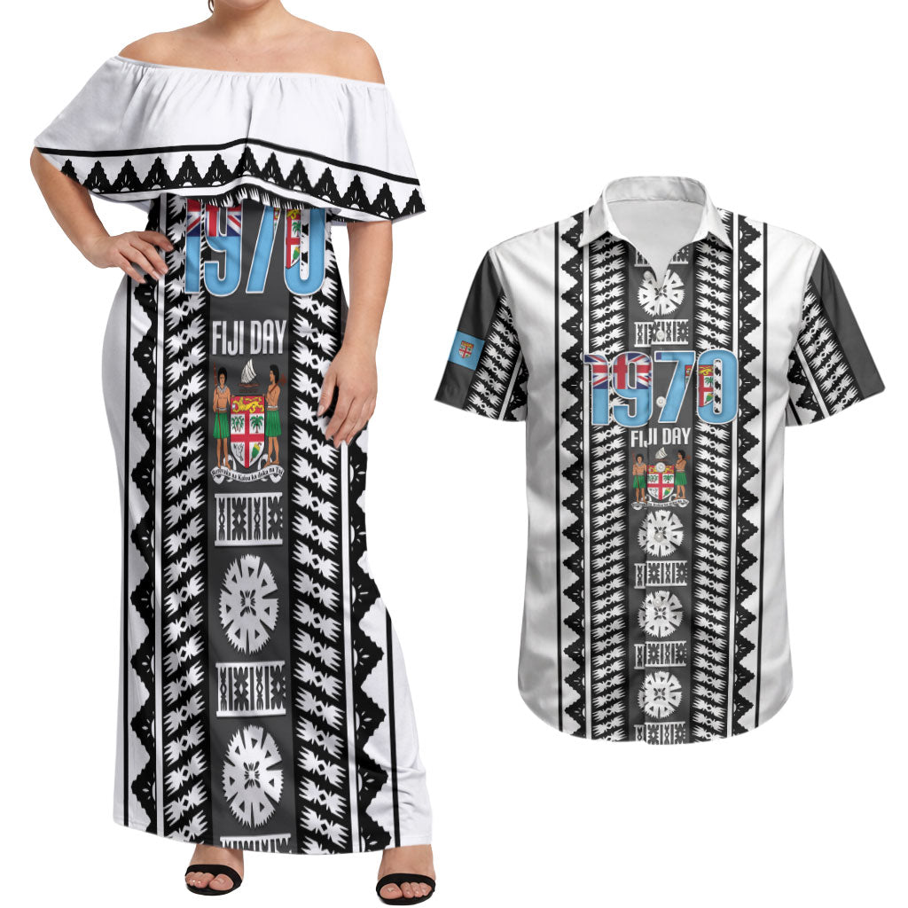 Fiji Day 1970 Couples Matching Off Shoulder Maxi Dress and Hawaiian Shirt For Fiji Ever Fiji Tapa Pattern White LT14 White - Polynesian Pride