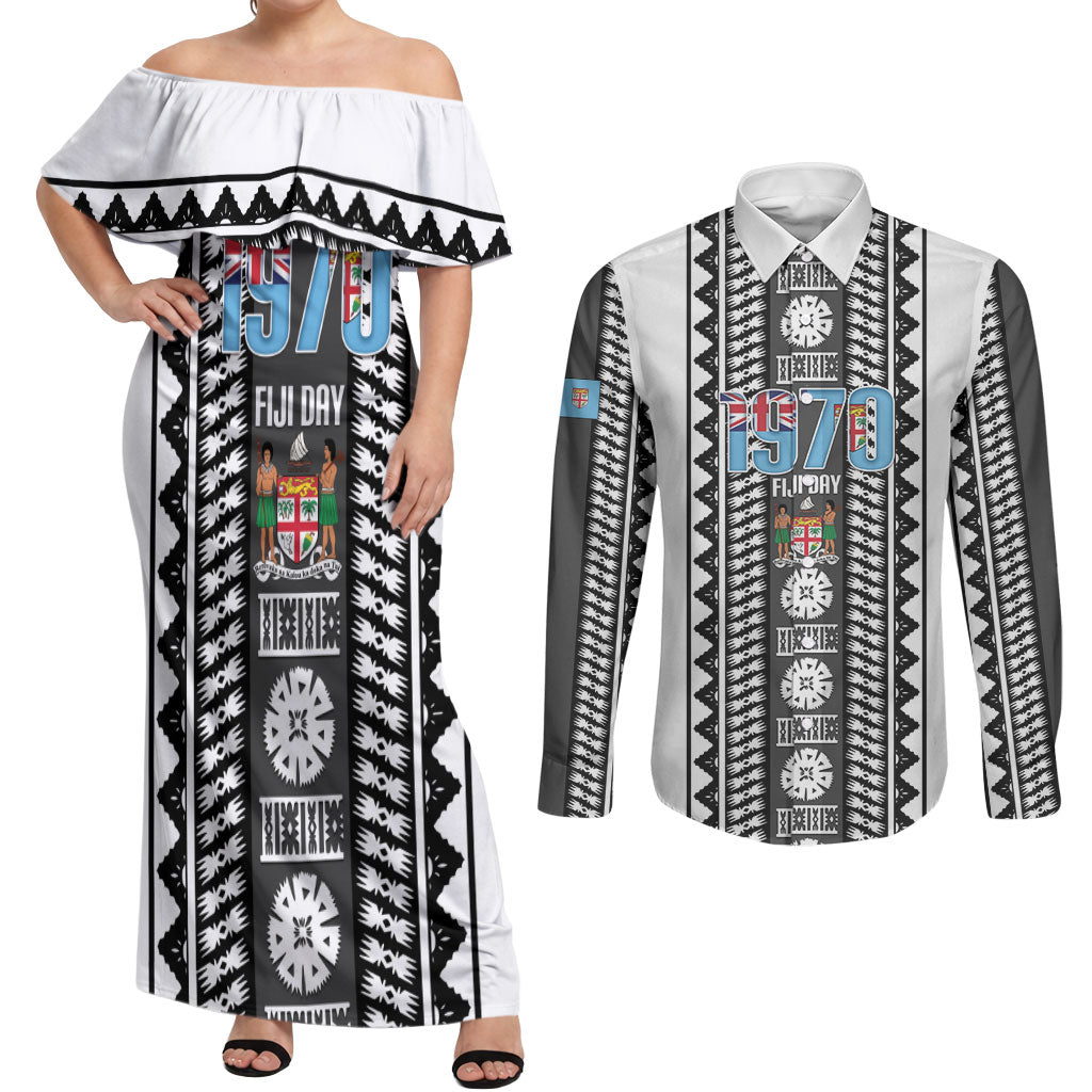Fiji Day 1970 Couples Matching Off Shoulder Maxi Dress and Long Sleeve Button Shirt For Fiji Ever Fiji Tapa Pattern White LT14 White - Polynesian Pride