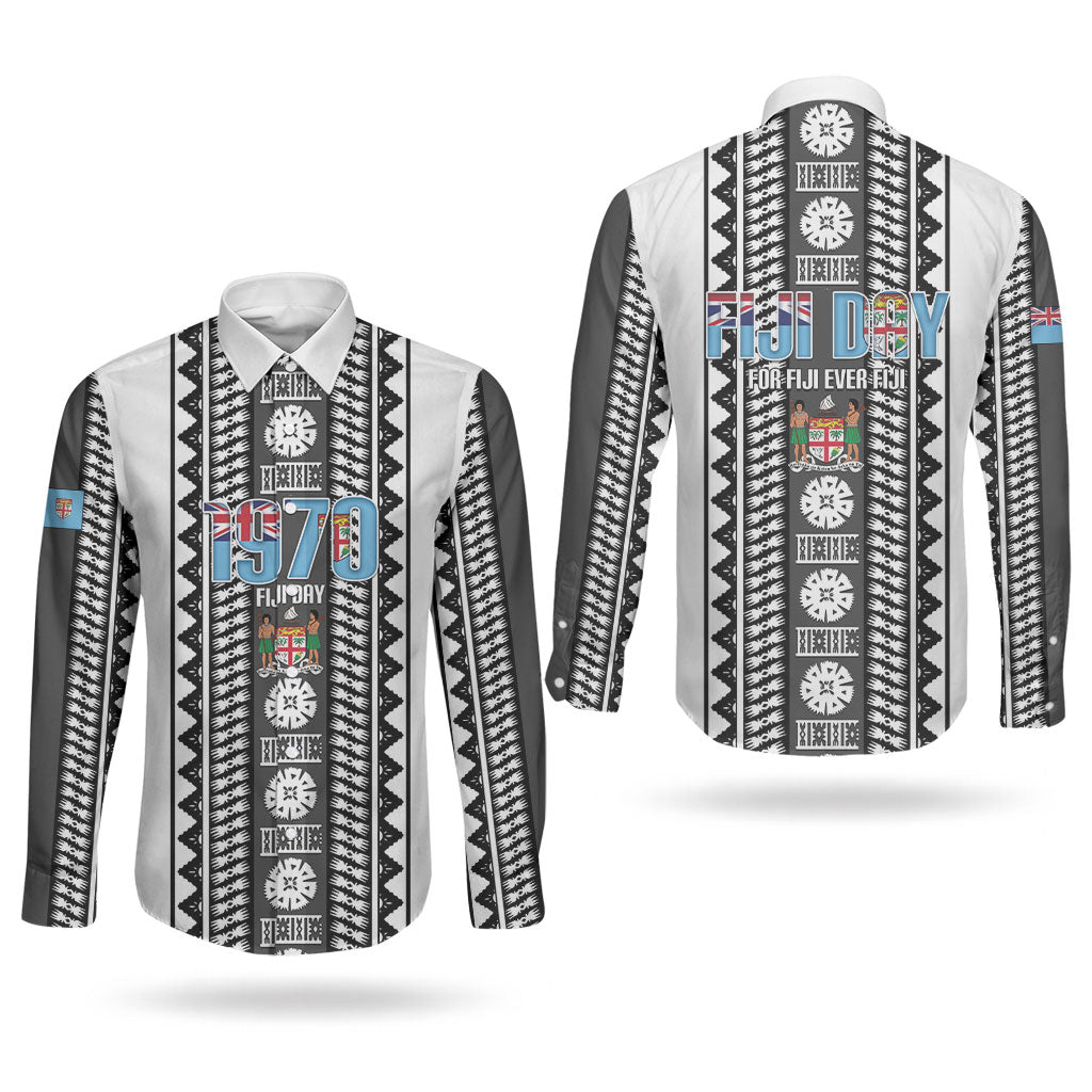 Fiji Day 1970 Couples Matching Off Shoulder Maxi Dress and Long Sleeve Button Shirt For Fiji Ever Fiji Tapa Pattern White LT14 - Polynesian Pride