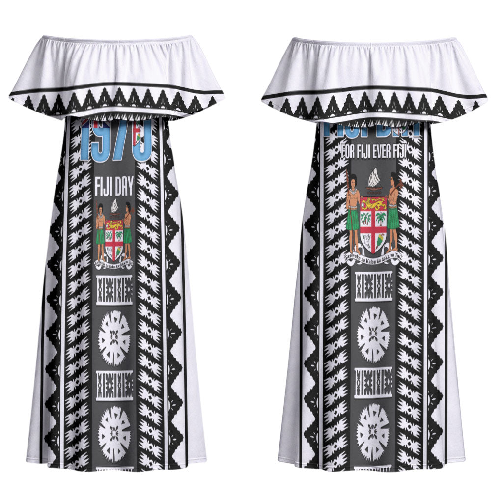 Fiji Day 1970 Couples Matching Off Shoulder Maxi Dress and Long Sleeve Button Shirt For Fiji Ever Fiji Tapa Pattern White LT14 - Polynesian Pride
