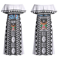 Fiji Day 1970 Couples Matching Off Shoulder Maxi Dress and Long Sleeve Button Shirt For Fiji Ever Fiji Tapa Pattern White LT14 - Polynesian Pride