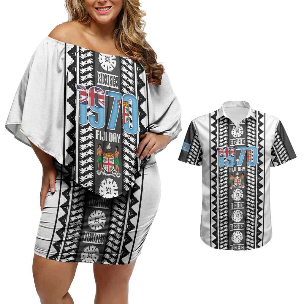 Fiji Day 1970 Couples Matching Off Shoulder Short Dress and Hawaiian Shirt For Fiji Ever Fiji Tapa Pattern White LT14 White - Polynesian Pride