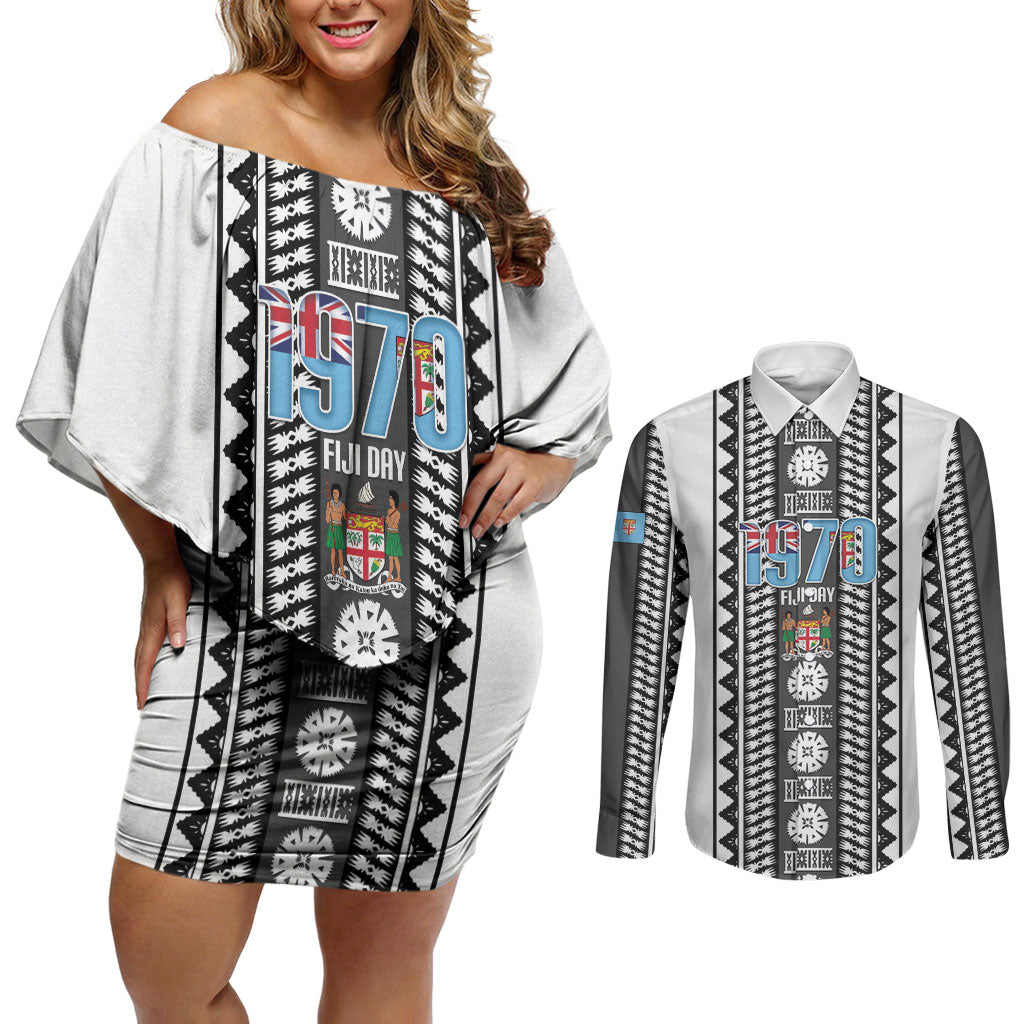 Fiji Day 1970 Couples Matching Off Shoulder Short Dress and Long Sleeve Button Shirt For Fiji Ever Fiji Tapa Pattern White LT14 White - Polynesian Pride