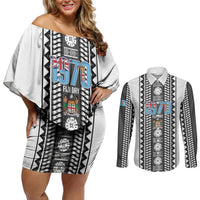 Fiji Day 1970 Couples Matching Off Shoulder Short Dress and Long Sleeve Button Shirt For Fiji Ever Fiji Tapa Pattern White LT14 White - Polynesian Pride
