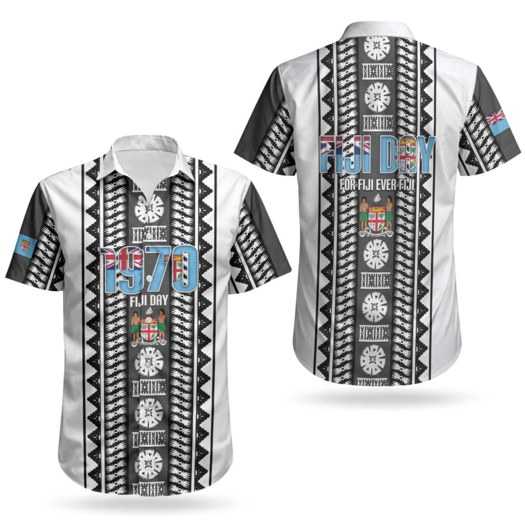 Fiji Day 1970 Couples Matching Off The Shoulder Long Sleeve Dress and Hawaiian Shirt For Fiji Ever Fiji Tapa Pattern White LT14 - Polynesian Pride