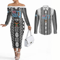 Fiji Day 1970 Couples Matching Off The Shoulder Long Sleeve Dress and Long Sleeve Button Shirt For Fiji Ever Fiji Tapa Pattern White LT14 White - Polynesian Pride