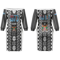 Fiji Day 1970 Couples Matching Off The Shoulder Long Sleeve Dress and Long Sleeve Button Shirt For Fiji Ever Fiji Tapa Pattern White LT14 - Polynesian Pride