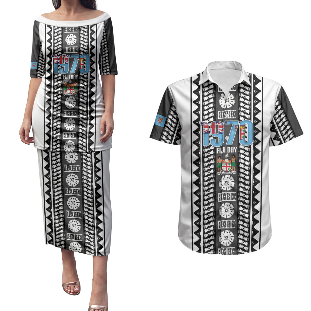 Fiji Day 1970 Couples Matching Puletasi and Hawaiian Shirt For Fiji Ever Fiji Tapa Pattern White LT14 White - Polynesian Pride