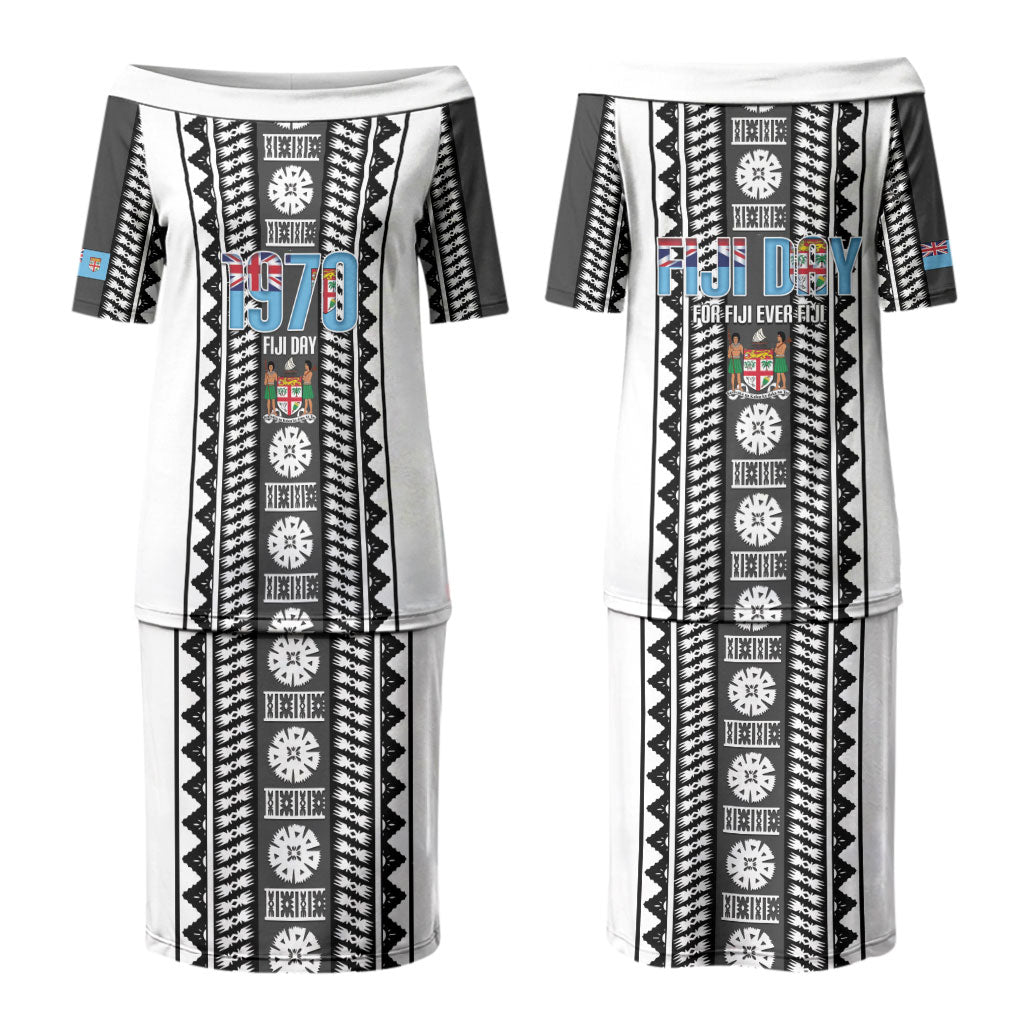 Fiji Day 1970 Couples Matching Puletasi and Hawaiian Shirt For Fiji Ever Fiji Tapa Pattern White LT14 - Polynesian Pride