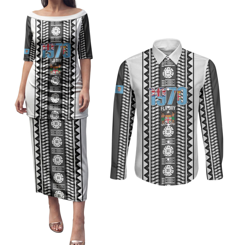 Fiji Day 1970 Couples Matching Puletasi and Long Sleeve Button Shirt For Fiji Ever Fiji Tapa Pattern White LT14 White - Polynesian Pride
