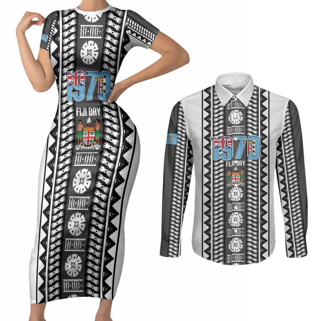 Fiji Day 1970 Couples Matching Short Sleeve Bodycon Dress and Long Sleeve Button Shirt For Fiji Ever Fiji Tapa Pattern White LT14 White - Polynesian Pride