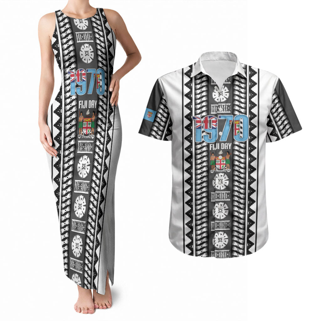 Fiji Day 1970 Couples Matching Tank Maxi Dress and Hawaiian Shirt For Fiji Ever Fiji Tapa Pattern White LT14 White - Polynesian Pride