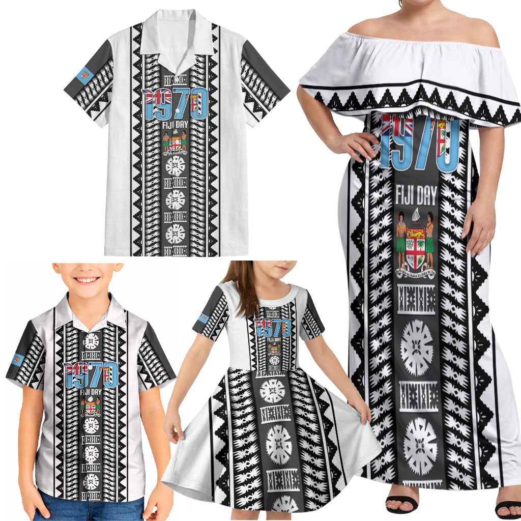 Fiji Day 1970 Family Matching Off Shoulder Maxi Dress and Hawaiian Shirt For Fiji Ever Fiji Tapa Pattern White LT14 - Polynesian Pride