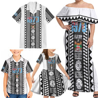 Fiji Day 1970 Family Matching Off Shoulder Maxi Dress and Hawaiian Shirt For Fiji Ever Fiji Tapa Pattern White LT14 - Polynesian Pride