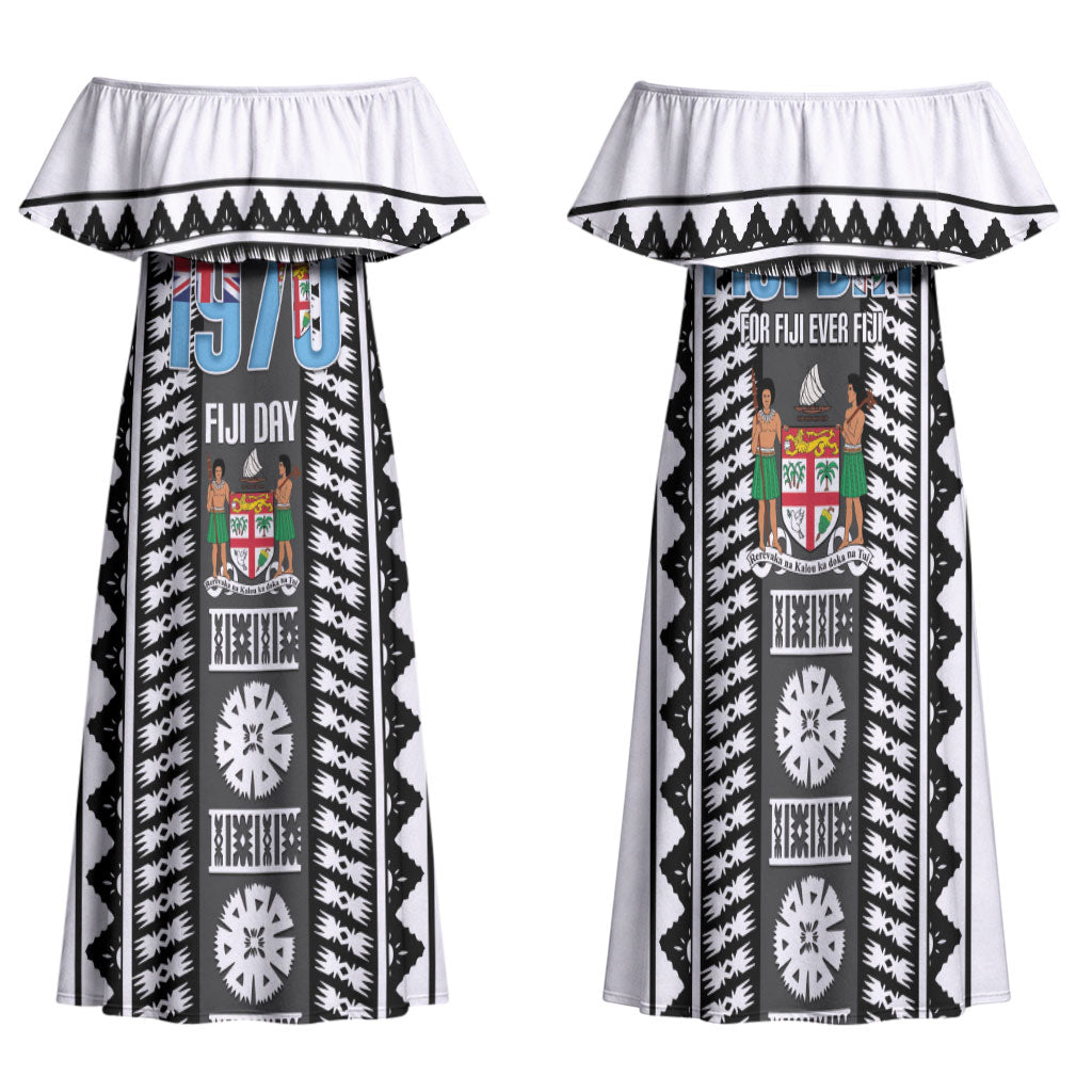Fiji Day 1970 Family Matching Off Shoulder Maxi Dress and Hawaiian Shirt For Fiji Ever Fiji Tapa Pattern White LT14 Mom's Dress White - Polynesian Pride