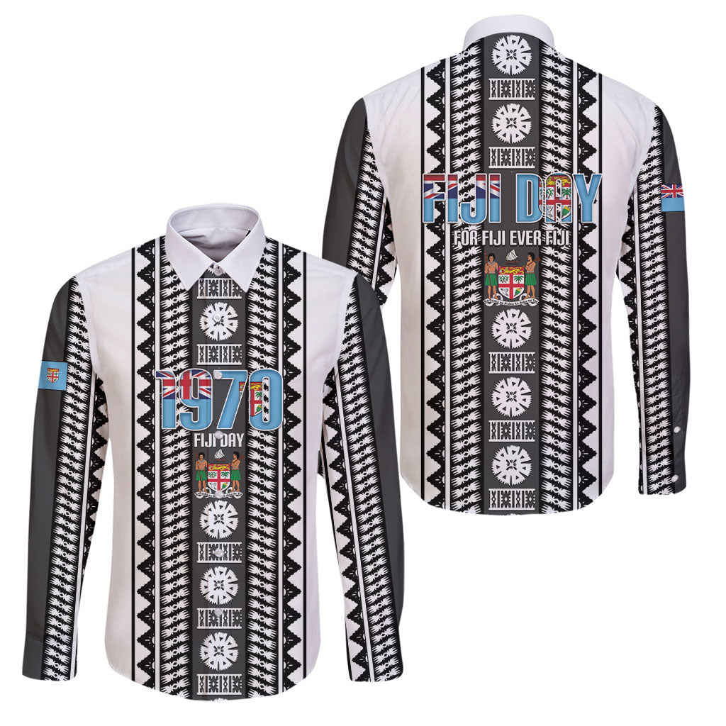 Fiji Day 1970 Family Matching Off Shoulder Short Dress and Hawaiian Shirt For Fiji Ever Fiji Tapa Pattern White LT14 Dad's Shirt - Long Sleeve White - Polynesian Pride