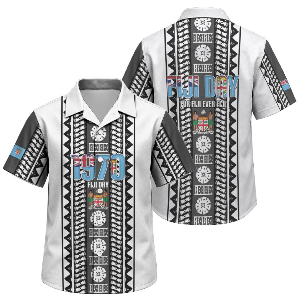 Fiji Day 1970 Family Matching Off Shoulder Short Dress and Hawaiian Shirt For Fiji Ever Fiji Tapa Pattern White LT14 Son's Shirt White - Polynesian Pride