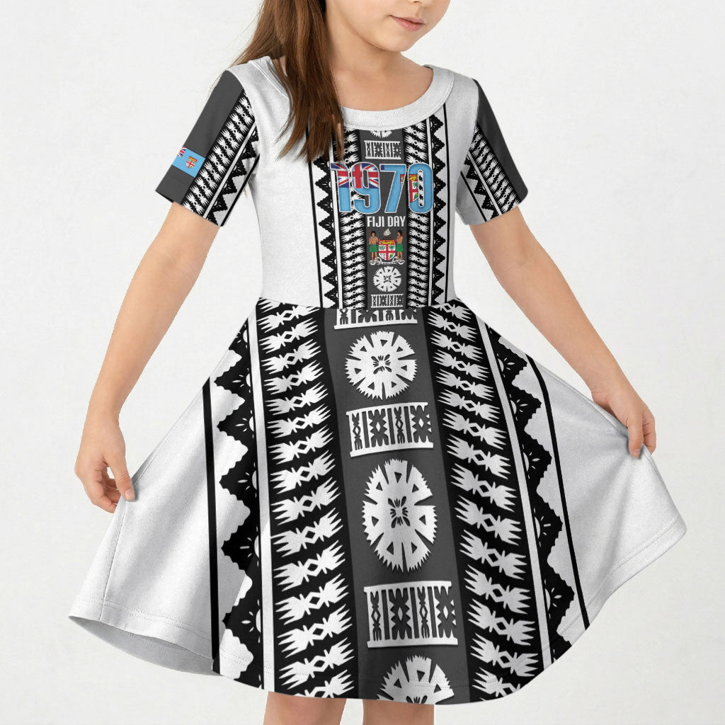Fiji Day 1970 Kid Short Sleeve Dress For Fiji Ever Fiji Tapa Pattern White LT14 KID White - Polynesian Pride