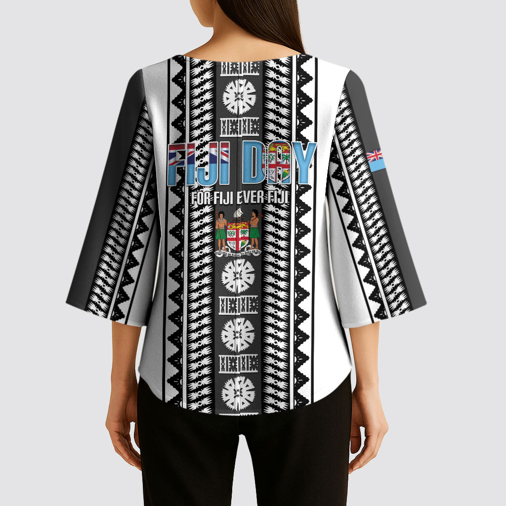 Fiji Day 1970 Kimono Sleeve Blouse For Fiji Ever Fiji Tapa Pattern White LT14 - Polynesian Pride