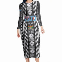 Fiji Day 1970 Long Sleeve Bodycon Dress For Fiji Ever Fiji Tapa Pattern White LT14 Long Dress White - Polynesian Pride